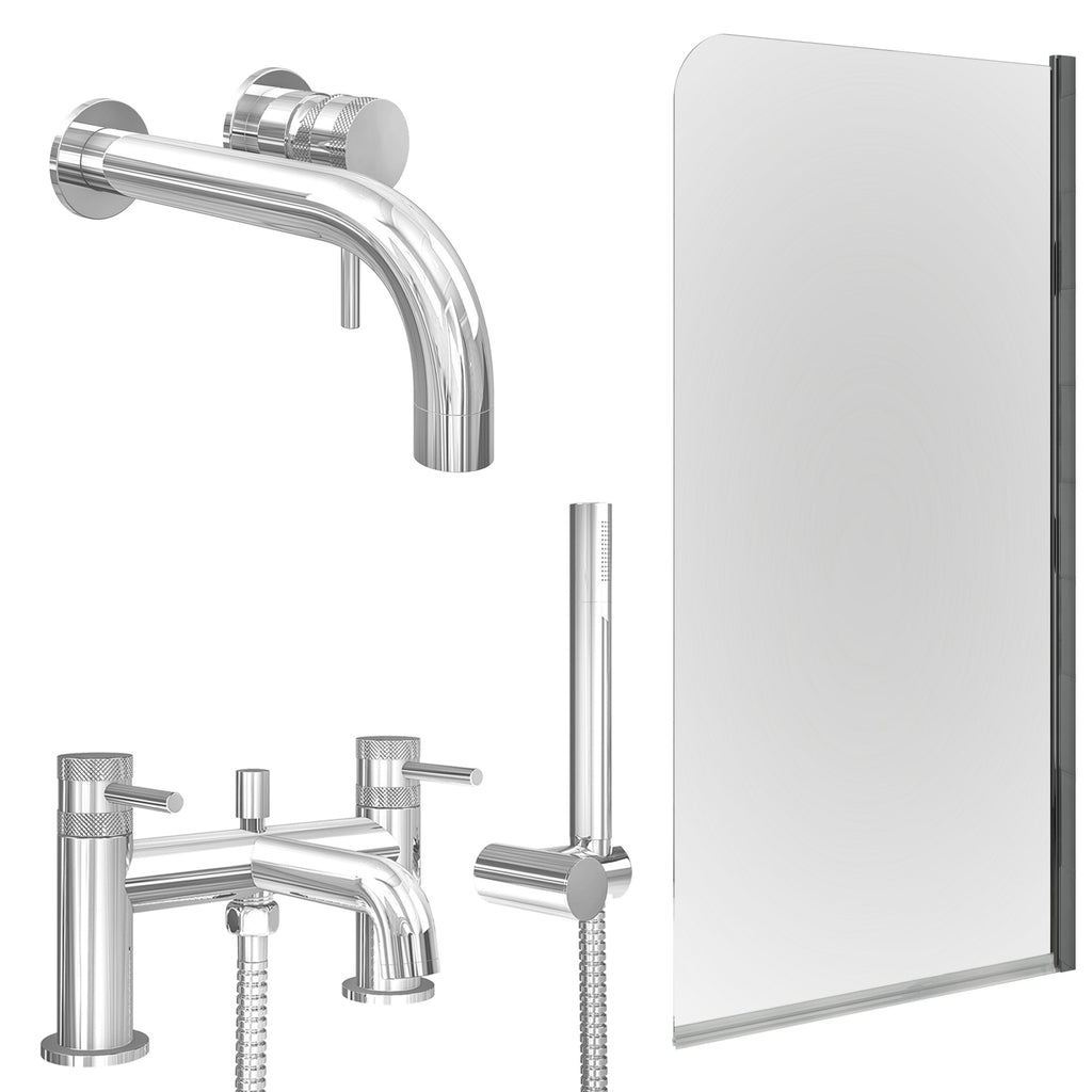 Chrome Wall Mounted Basin Mixer Tap, Bath Shower Mixer and Edge Bath Screen