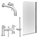 Chrome Wall Mounted Basin Mixer Tap, Bath Shower Mixer and Edge Bath Screen