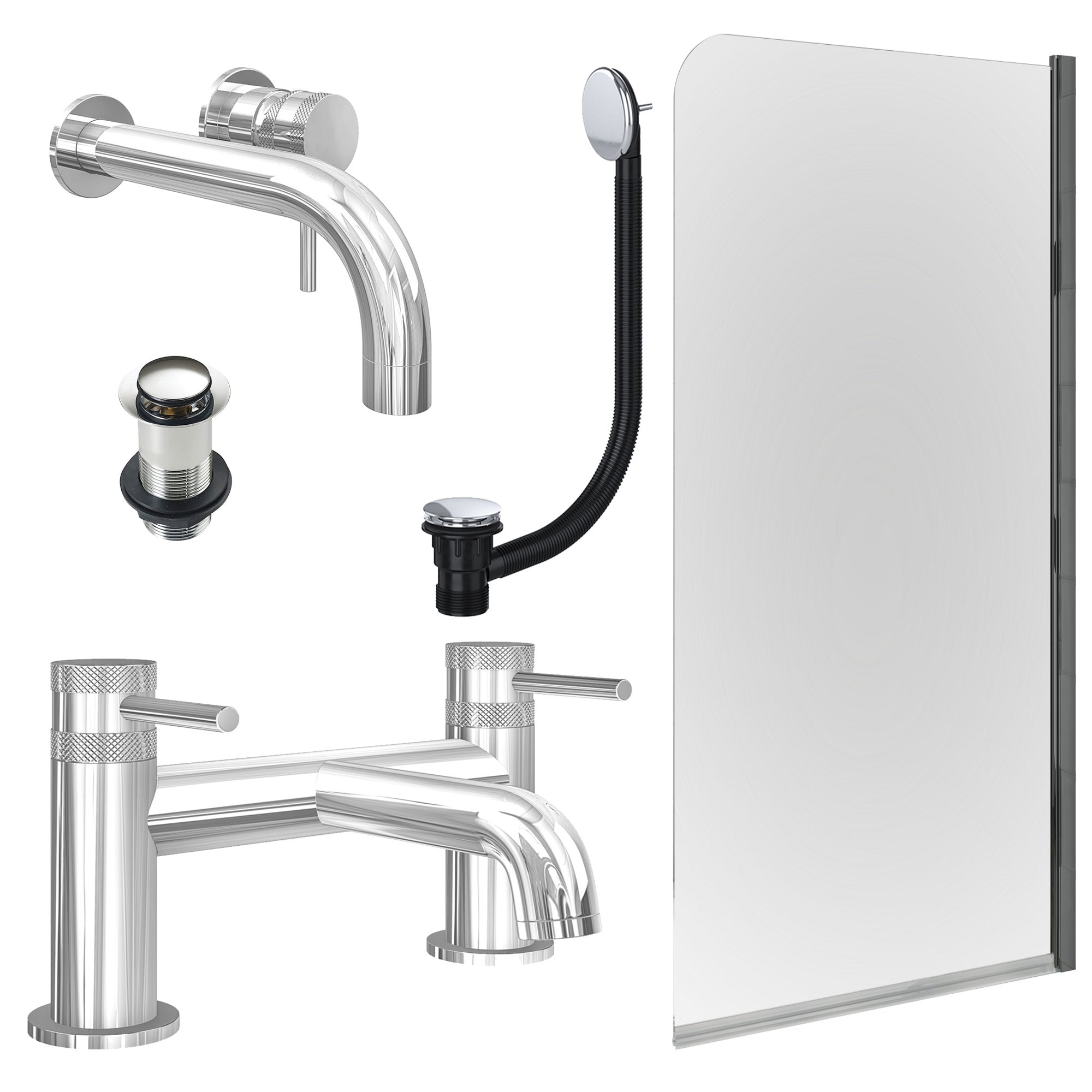 Chrome Wall Mounted Basin Mixer Tap, Bath Filler with Unslotted Basin and Bath Waste and Edge Bath Screen
