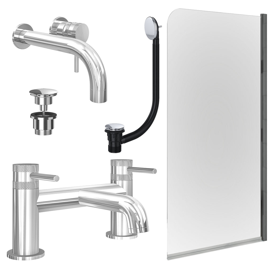 Chrome Wall Mounted Basin Mixer Tap, Bath Filler with Universal Basin and Bath Waste and Edge Bath Screen