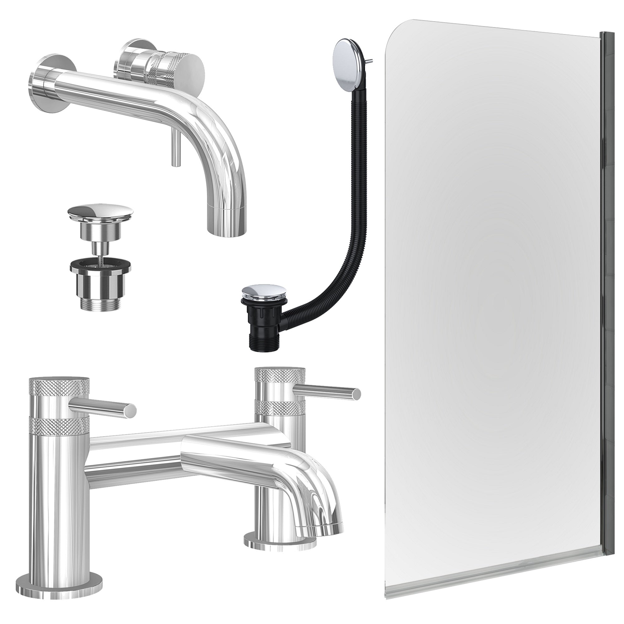 Chrome Wall Mounted Basin Mixer Tap, Bath Filler with Universal Basin and Bath Waste and Edge Bath Screen