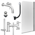 Chrome Wall Mounted Basin Mixer Tap, Bath Shower Mixer with Unslotted Basin and Bath Waste and Edge Bath Screen