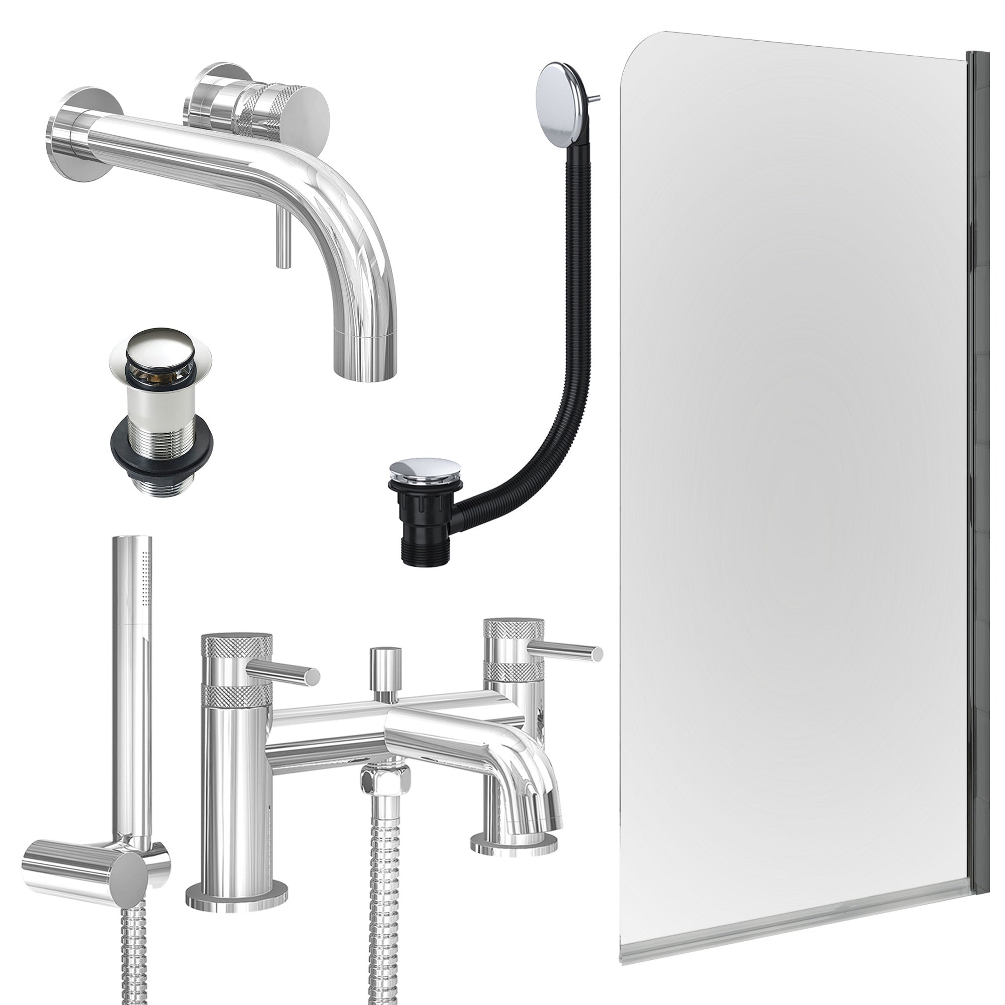Chrome Wall Mounted Basin Mixer Tap, Bath Shower Mixer with Unslotted Basin and Bath Waste and Edge Bath Screen