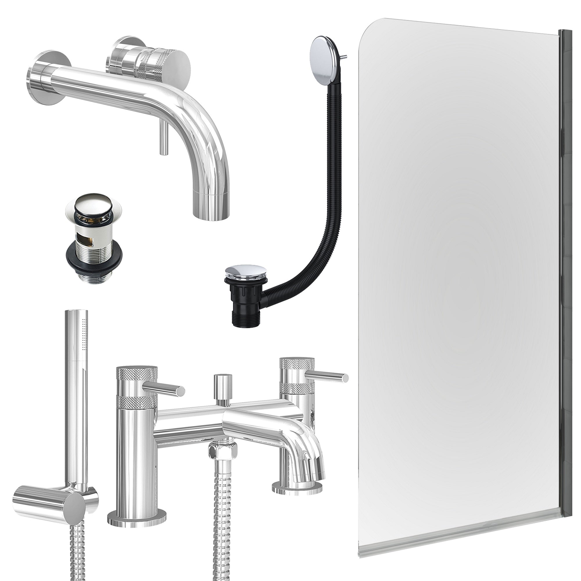 Chrome Wall Mounted Basin Mixer Tap, Bath Shower Mixer with Slotted Basin and Bath Waste and Edge Bath Screen
