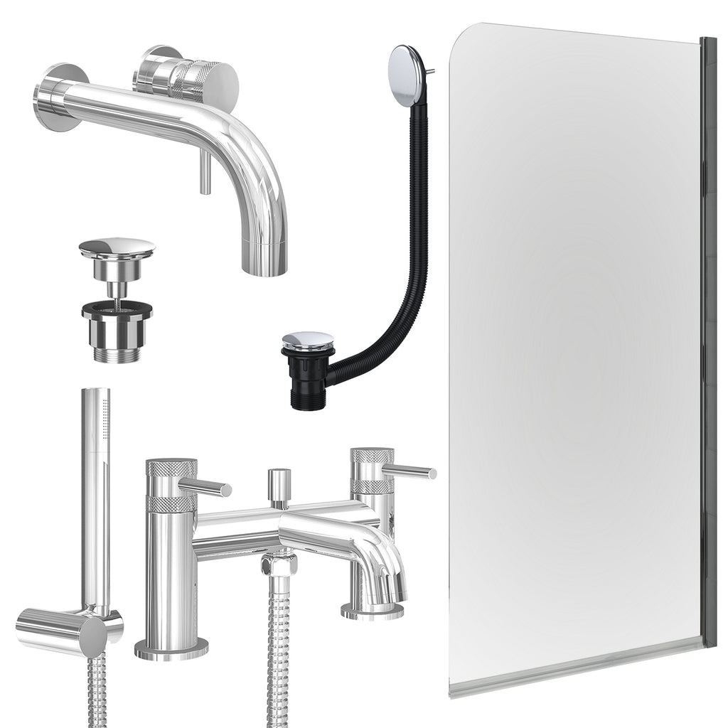 Chrome Wall Mounted Basin Mixer Tap, Bath Shower Mixer with Universal Basin and Bath Waste and Edge Bath Screen