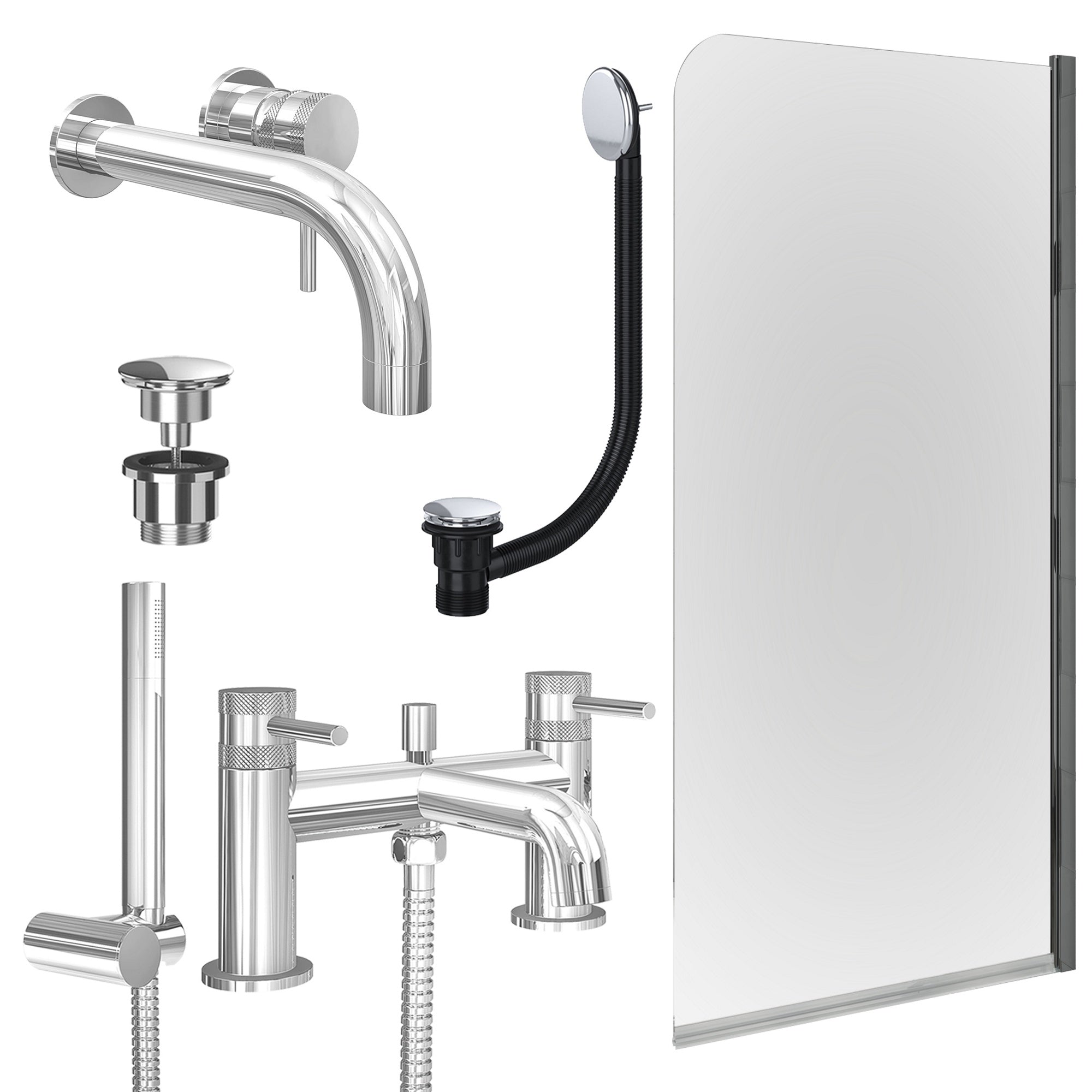 Chrome Wall Mounted Basin Mixer Tap, Bath Shower Mixer with Universal Basin and Bath Waste and Edge Bath Screen