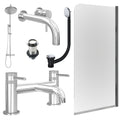 Chrome Wall Mounted Basin Mixer Tap, Bath Filler and Rigid Shower with Unslotted Basin and Bath Waste and Edge Bath Screen
