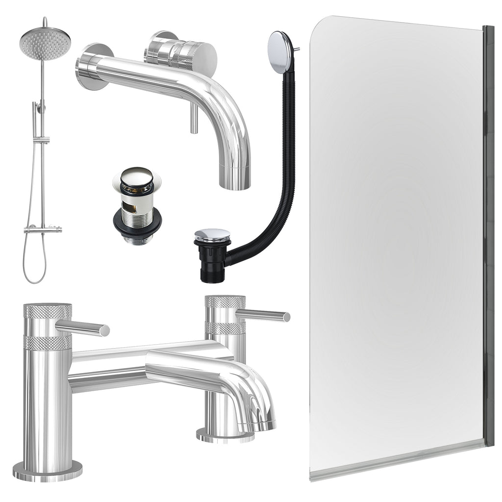 Chrome Wall Mounted Basin Mixer Tap, Bath Filler and Rigid Shower with Slotted Basin and Bath Waste and Edge Bath Screen