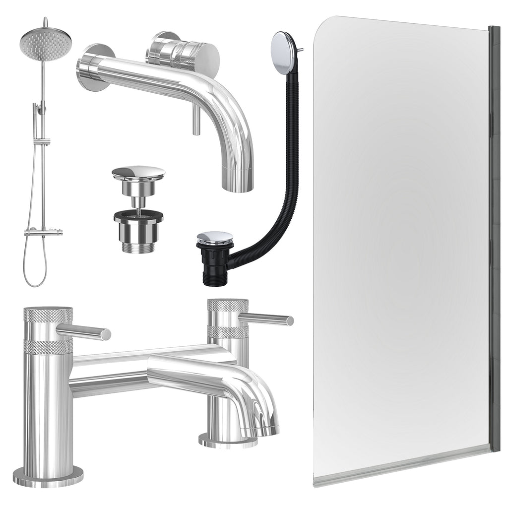 Chrome Wall Mounted Basin Mixer Tap, Bath Filler and Rigid Shower with Universal Basin and Bath Waste and Edge Bath Screen