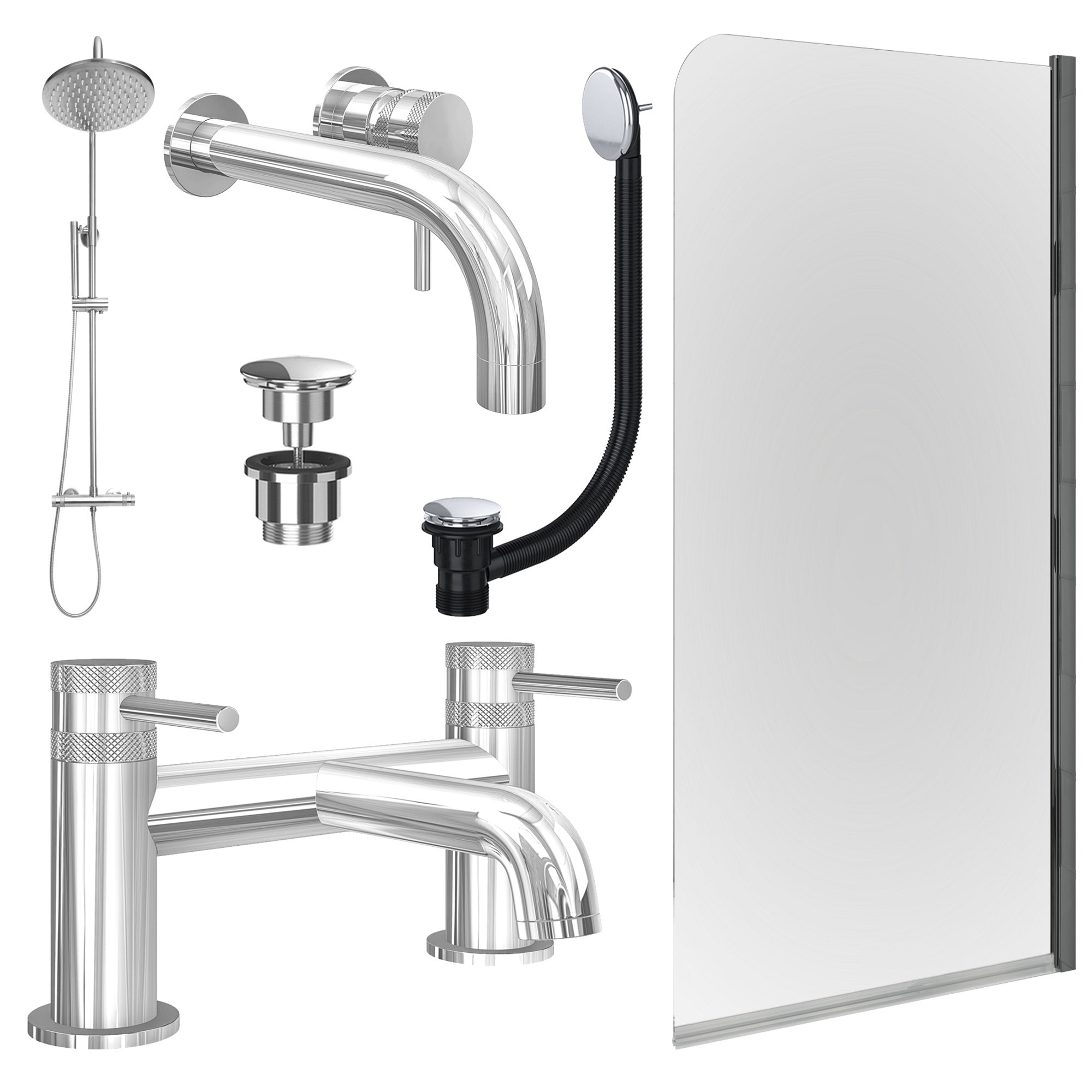 Chrome Wall Mounted Basin Mixer Tap, Bath Filler and Rigid Shower with Universal Basin and Bath Waste and Edge Bath Screen