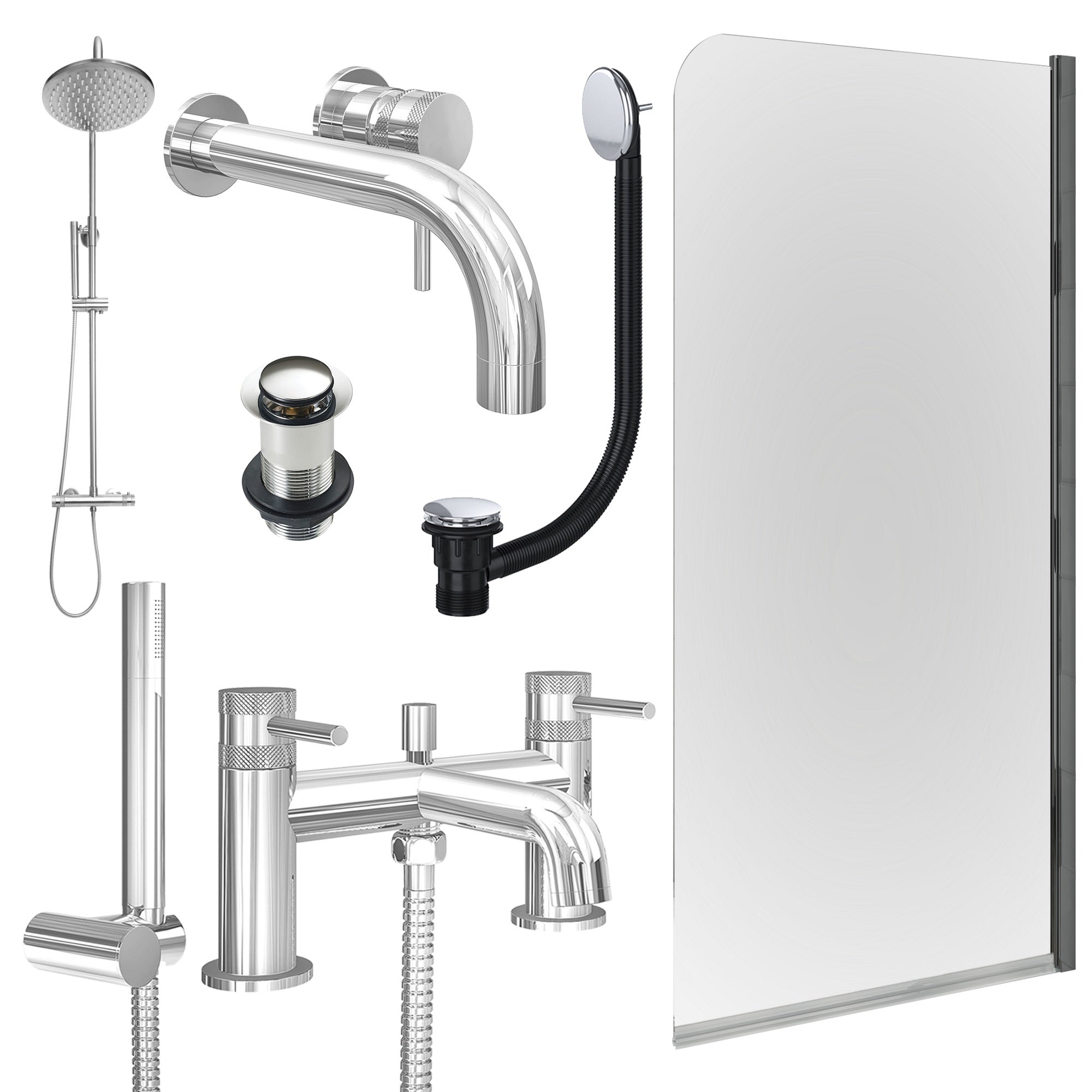 Chrome Wall Mounted Basin Mixer Tap, Bath Shower Mixer and Rigid Shower with Unslotted Basin and Bath Waste and Edge Bath Screen