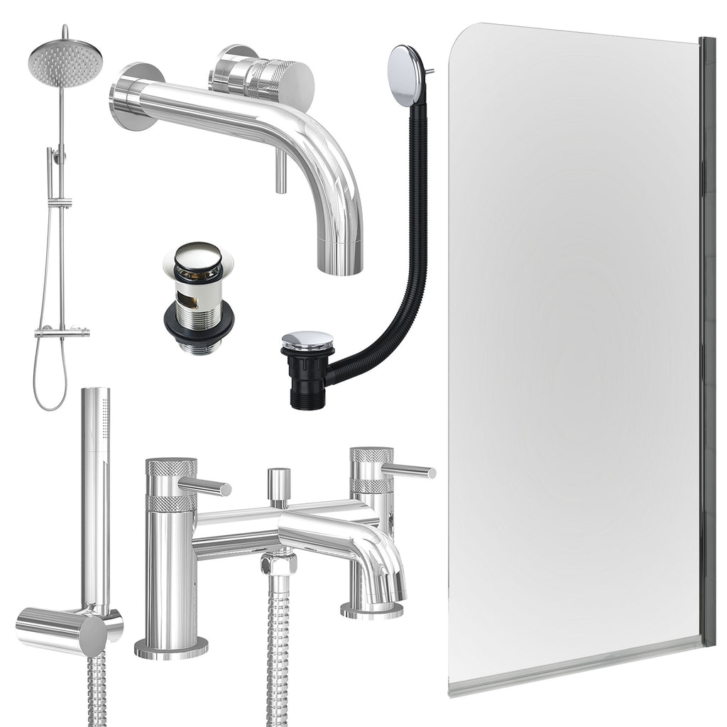 Chrome Wall Mounted Basin Mixer Tap, Bath Shower Mixer and Rigid Shower with Slotted Basin and Bath Waste and Edge Bath Screen