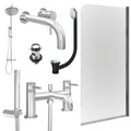 Chrome Wall Mounted Basin Mixer Tap, Bath Shower Mixer and Rigid Shower with Slotted Basin and Bath Waste and Edge Bath Screen