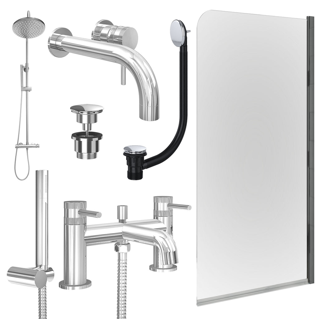 Chrome Wall Mounted Basin Mixer Tap, Bath Shower Mixer and Rigid Shower with Universal Basin and Bath Waste and Edge Bath Screen