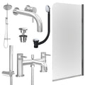 Chrome Wall Mounted Basin Mixer Tap, Bath Shower Mixer and Rigid Shower with Universal Basin and Bath Waste and Edge Bath Screen