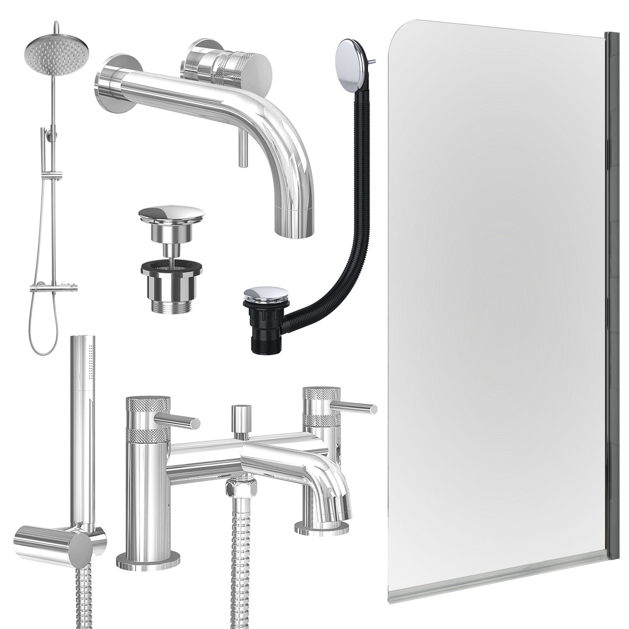 Chrome Wall Mounted Basin Mixer Tap, Bath Shower Mixer and Rigid Shower with Universal Basin and Bath Waste and Edge Bath Screen