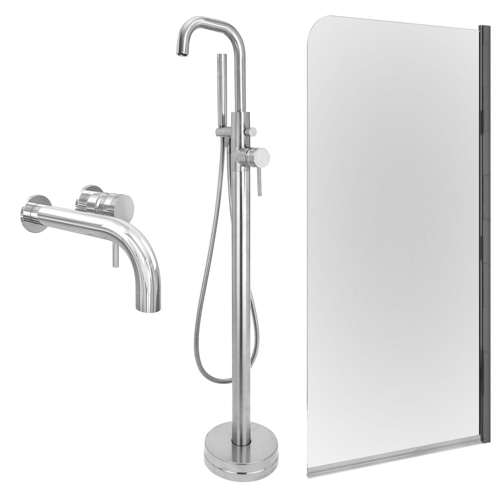 Chrome Wall Mounted Basin Mixer Tap, Freestanding Bath Shower Mixer and Edge Bath Screen