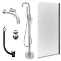 Chrome Wall Mounted Basin Mixer Tap, Freestanding Bath Shower Mixer and Unslotted Basin and Bath Waste and Edge Bath Screen