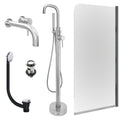 Chrome Wall Mounted Basin Mixer Tap, Freestanding Bath Shower Mixer and Slotted Basin and Bath Waste and Edge Bath Screen