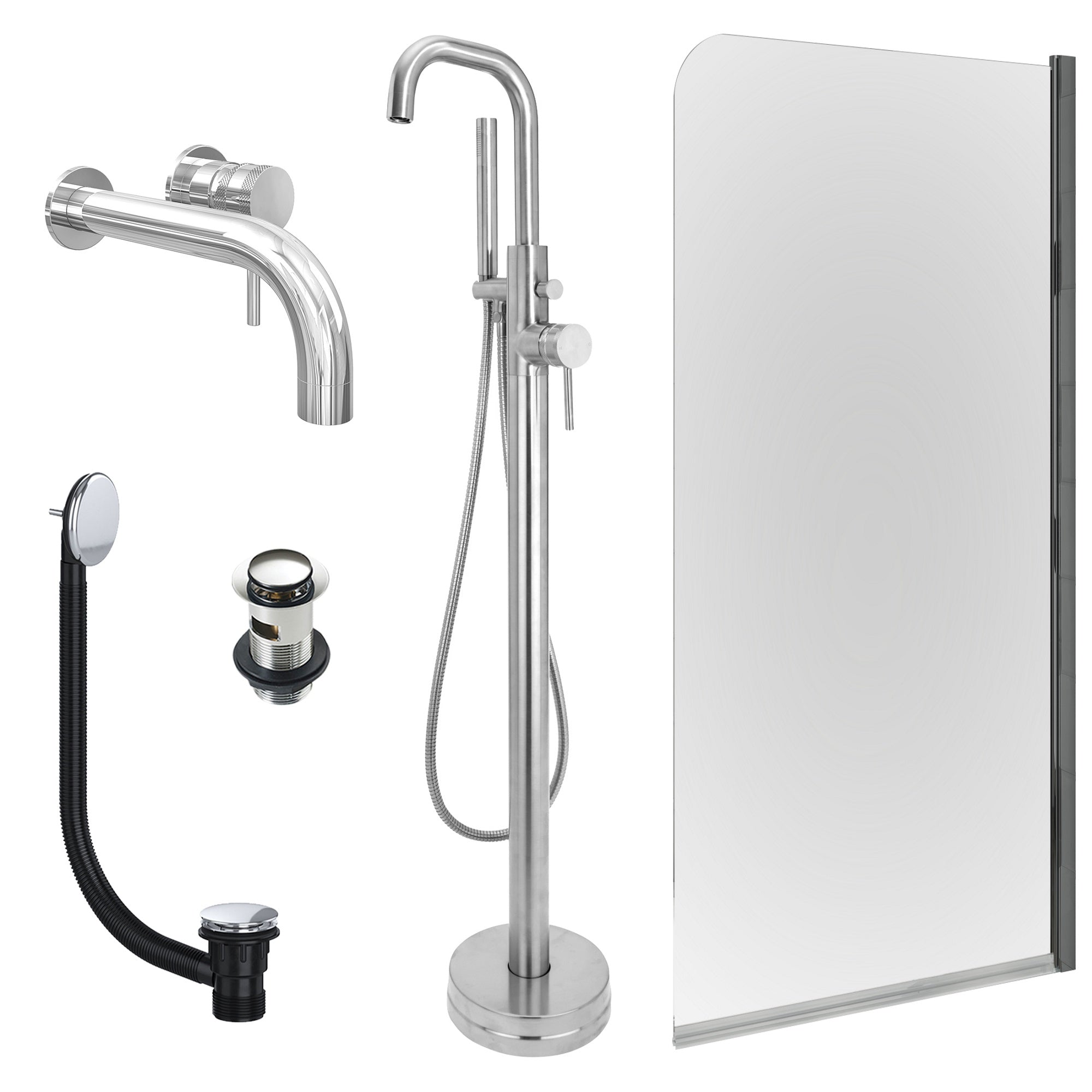 Chrome Wall Mounted Basin Mixer Tap, Freestanding Bath Shower Mixer and Slotted Basin and Bath Waste and Edge Bath Screen