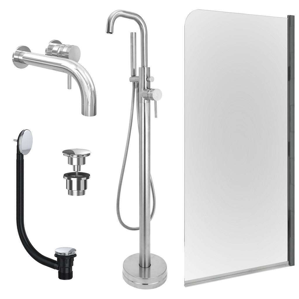 Chrome Wall Mounted Basin Mixer Tap, Freestanding Bath Shower Mixer and Universal Basin and Bath Waste and Edge Bath Screen
