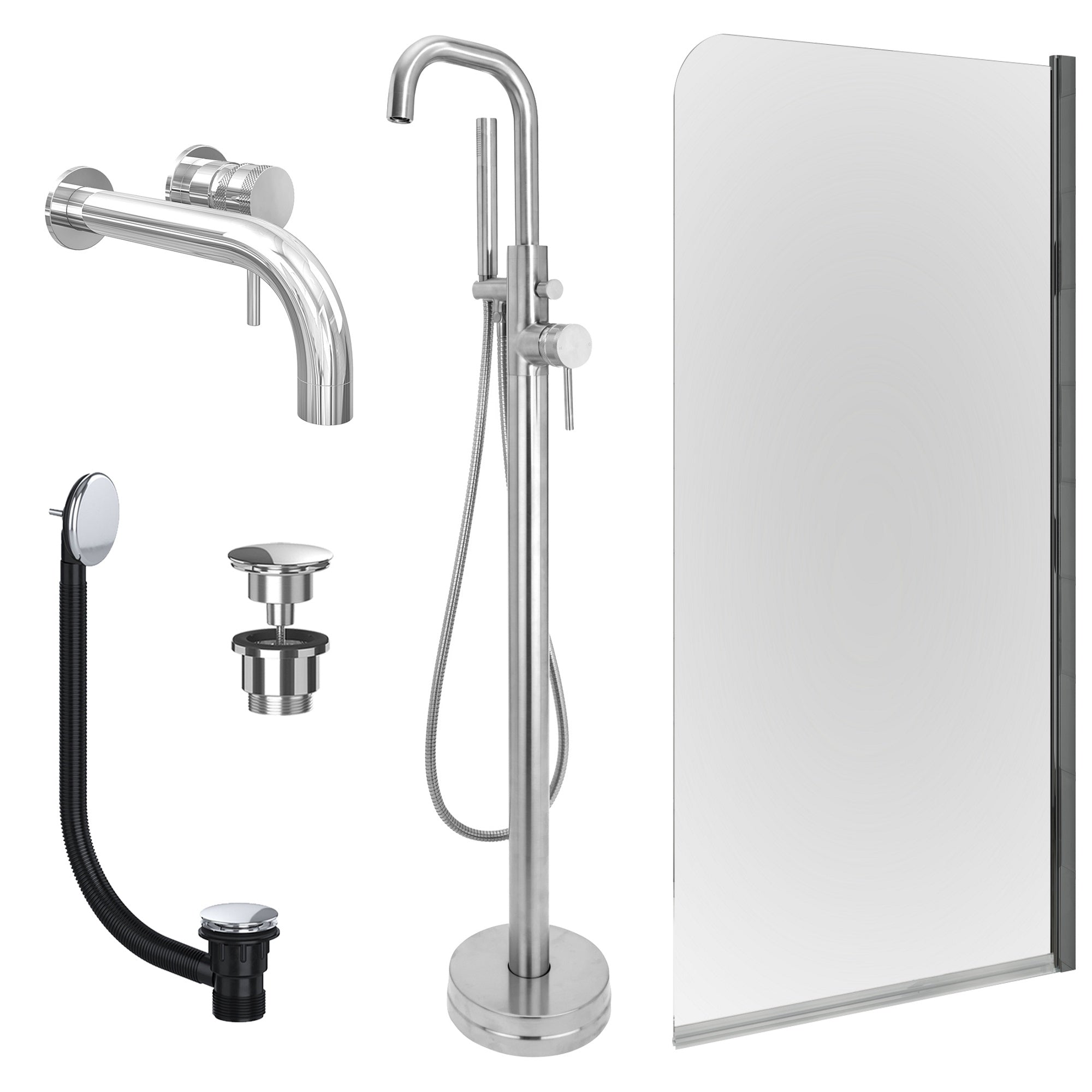 Chrome Wall Mounted Basin Mixer Tap, Freestanding Bath Shower Mixer and Universal Basin and Bath Waste and Edge Bath Screen