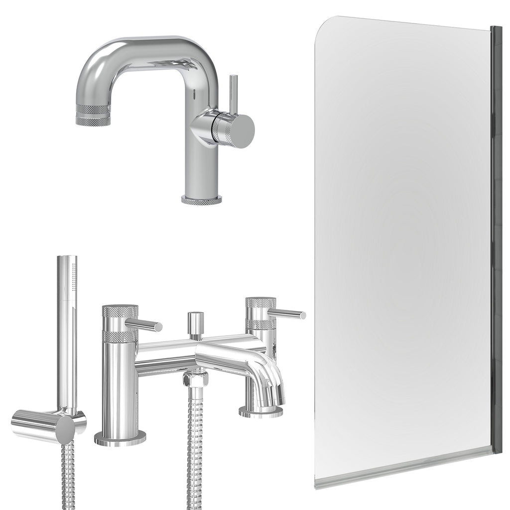 Chrome Side Lever Basin Mixer Tap, Bath Shower Mixer and Edge Bath Screen
