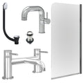 Chrome Side Lever Basin Mixer Tap, Bath Filler with Unslotted Basin and Bath Waste and Edge Bath Screen