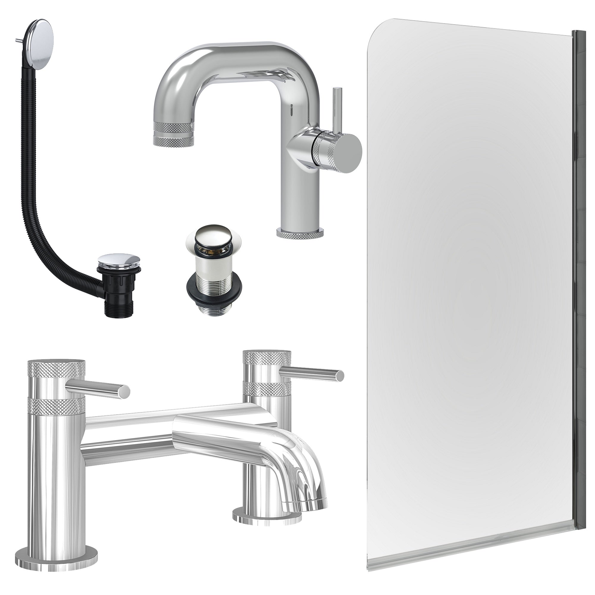 Chrome Side Lever Basin Mixer Tap, Bath Filler with Unslotted Basin and Bath Waste and Edge Bath Screen