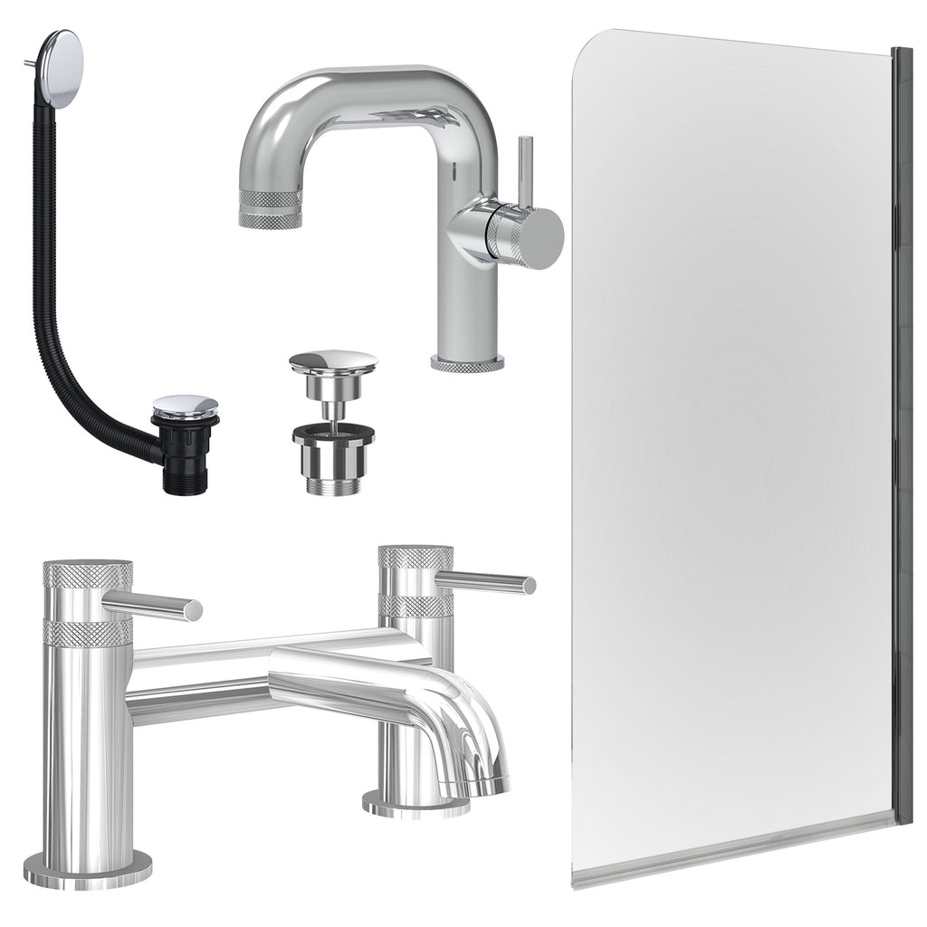 Chrome Side Lever Basin Mixer Tap, Bath Filler with Universal Basin and Bath Waste and Edge Bath Screen