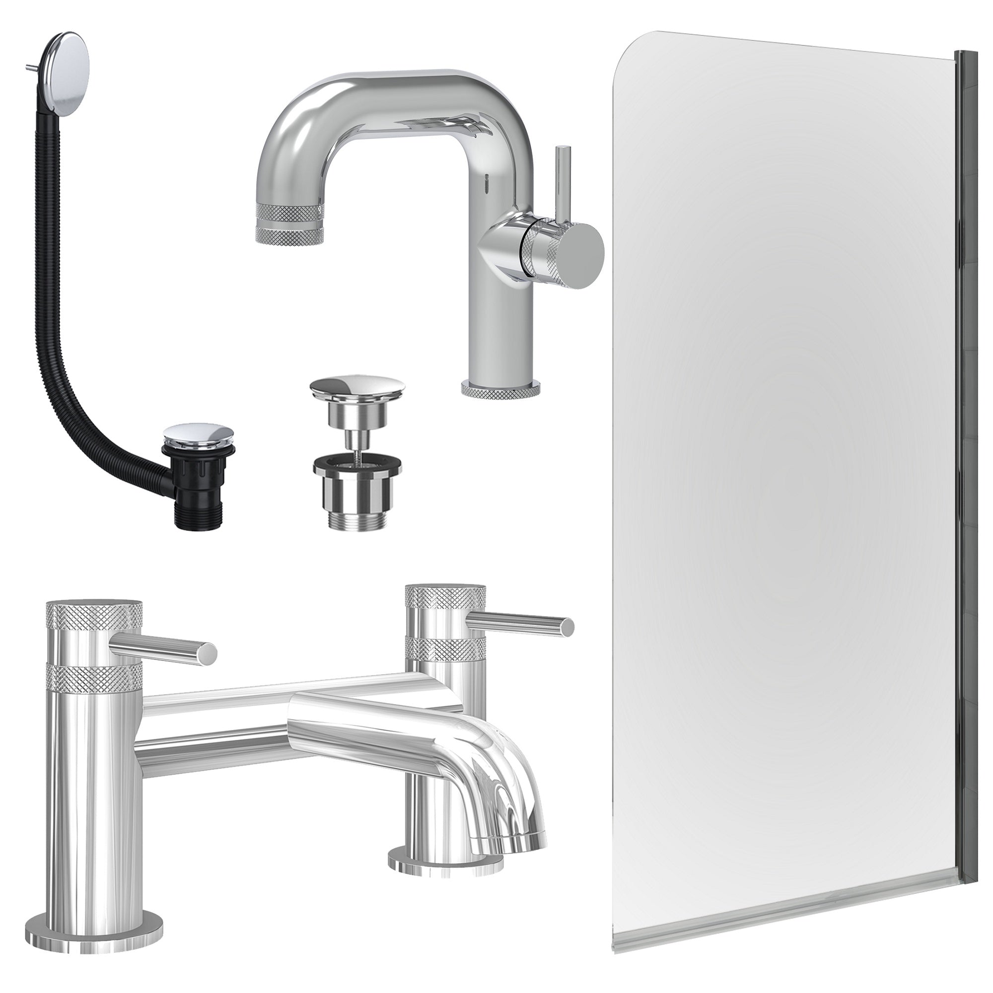 Chrome Side Lever Basin Mixer Tap, Bath Filler with Universal Basin and Bath Waste and Edge Bath Screen