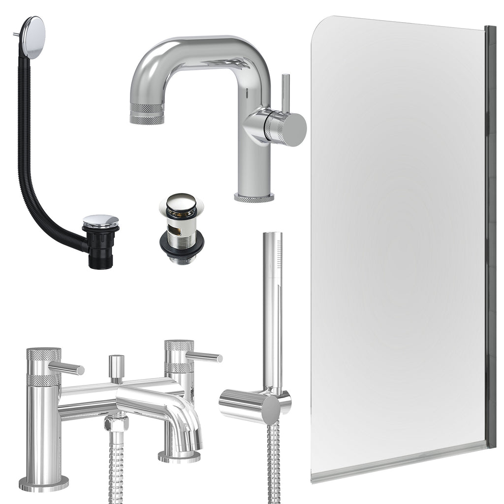 Chrome Side Lever Basin Mixer Tap, Bath Shower Mixer with Slotted Basin and Bath Waste and Edge Bath Screen