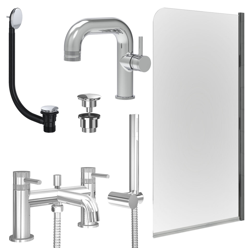Chrome Side Lever Basin Mixer Tap, Bath Shower Mixer with Universal Basin and Bath Waste and Edge Bath Screen