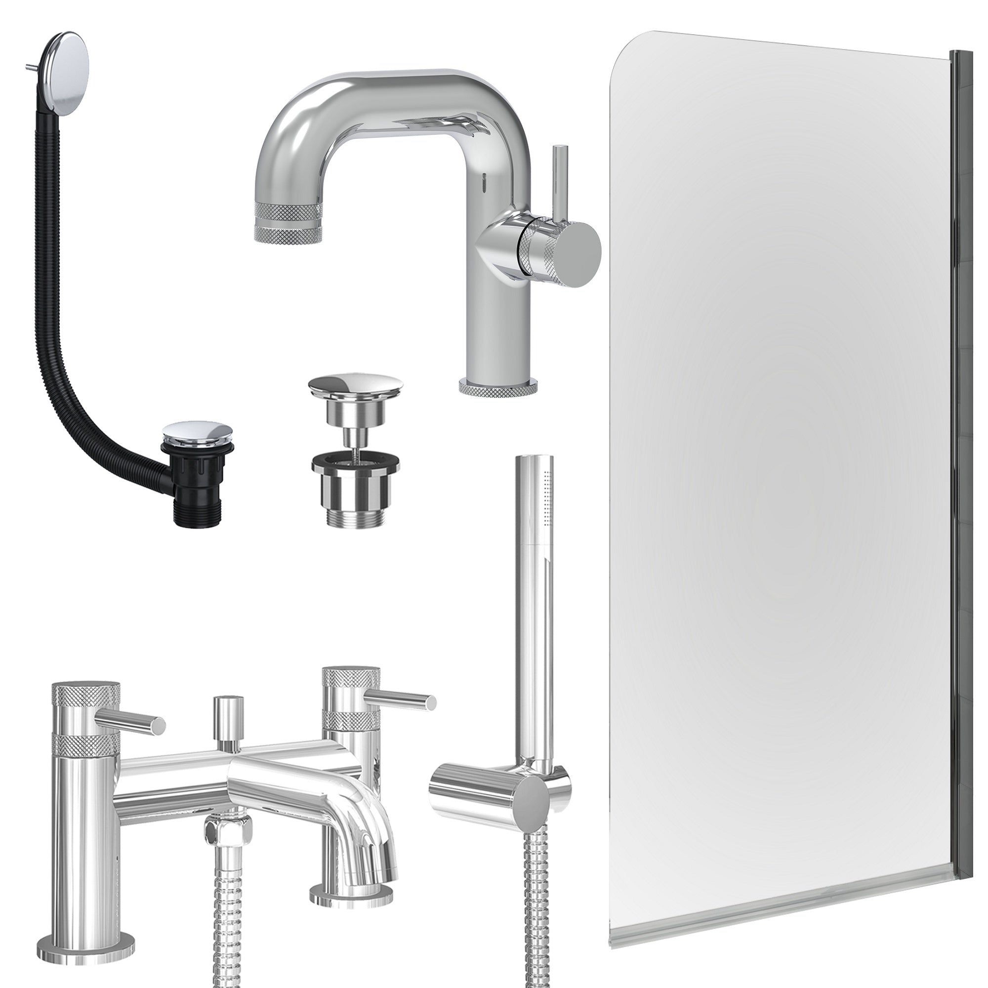 Chrome Side Lever Basin Mixer Tap, Bath Shower Mixer with Universal Basin and Bath Waste and Edge Bath Screen