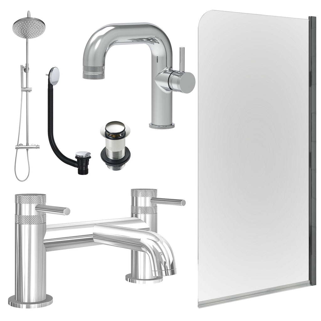 Chrome Side Lever Basin Mixer Tap, Bath Filler and Rigid Shower with Unslotted Basin and Bath Waste and Edge Bath Screen