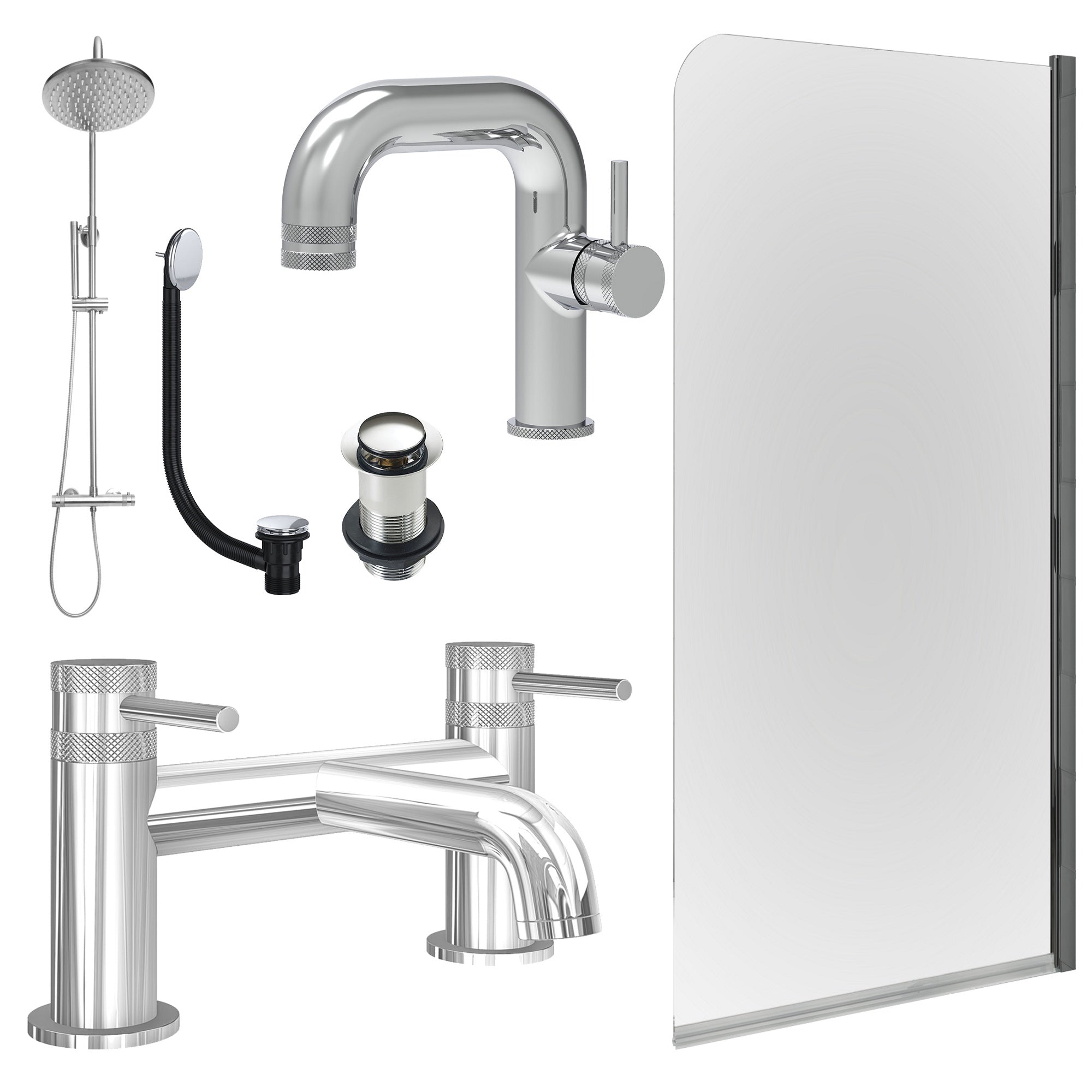 Chrome Side Lever Basin Mixer Tap, Bath Filler and Rigid Shower with Unslotted Basin and Bath Waste and Edge Bath Screen