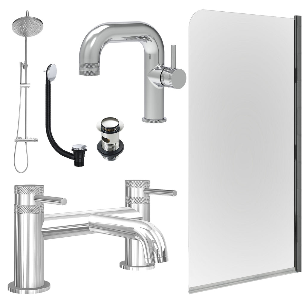 Chrome Side Lever Basin Mixer Tap, Bath Filler and Rigid Shower with Slotted Basin and Bath Waste and Edge Bath Screen
