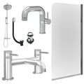 Chrome Side Lever Basin Mixer Tap, Bath Filler and Rigid Shower with Slotted Basin and Bath Waste and Edge Bath Screen