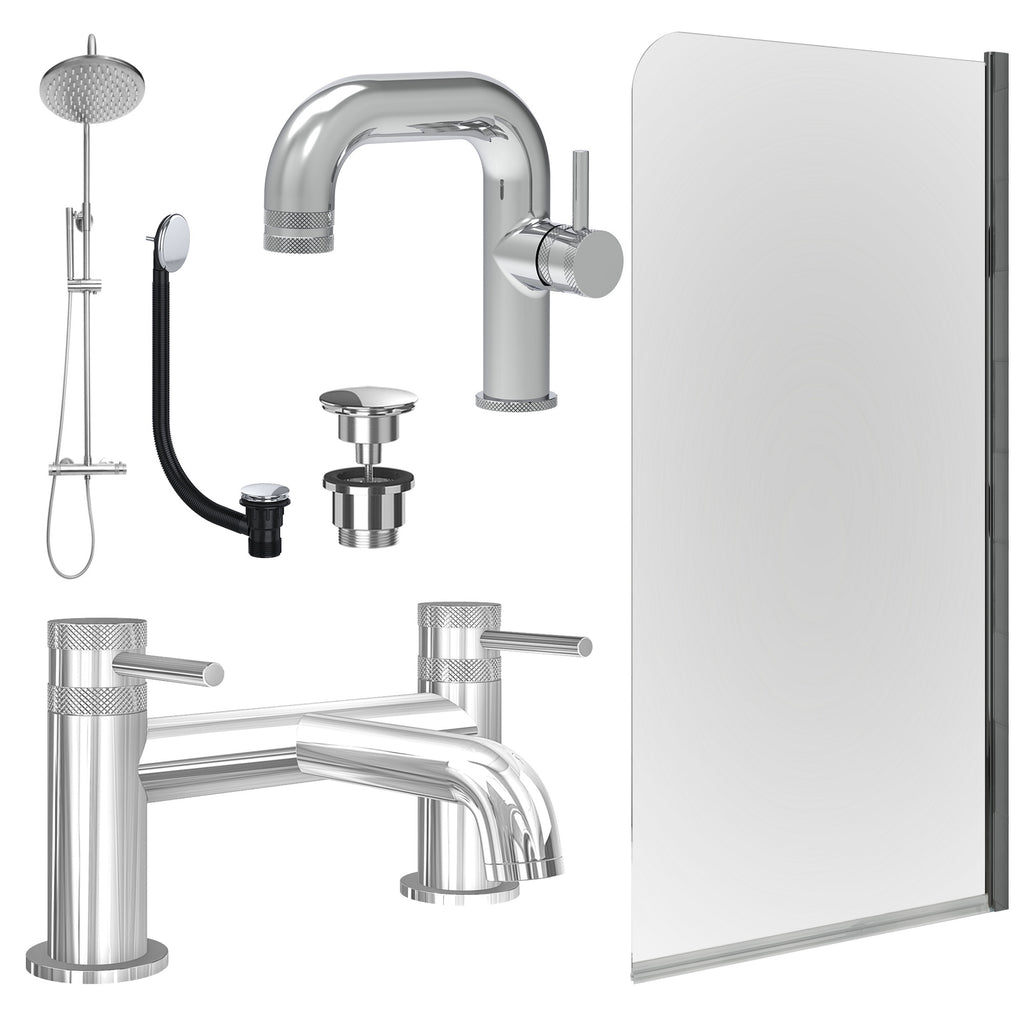 Chrome Side Lever Basin Mixer Tap, Bath Filler and Rigid Shower with Universal Basin and Bath Waste and Edge Bath Screen