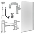 Chrome Side Lever Basin Mixer Tap, Bath Filler and Rigid Shower with Universal Basin and Bath Waste and Edge Bath Screen