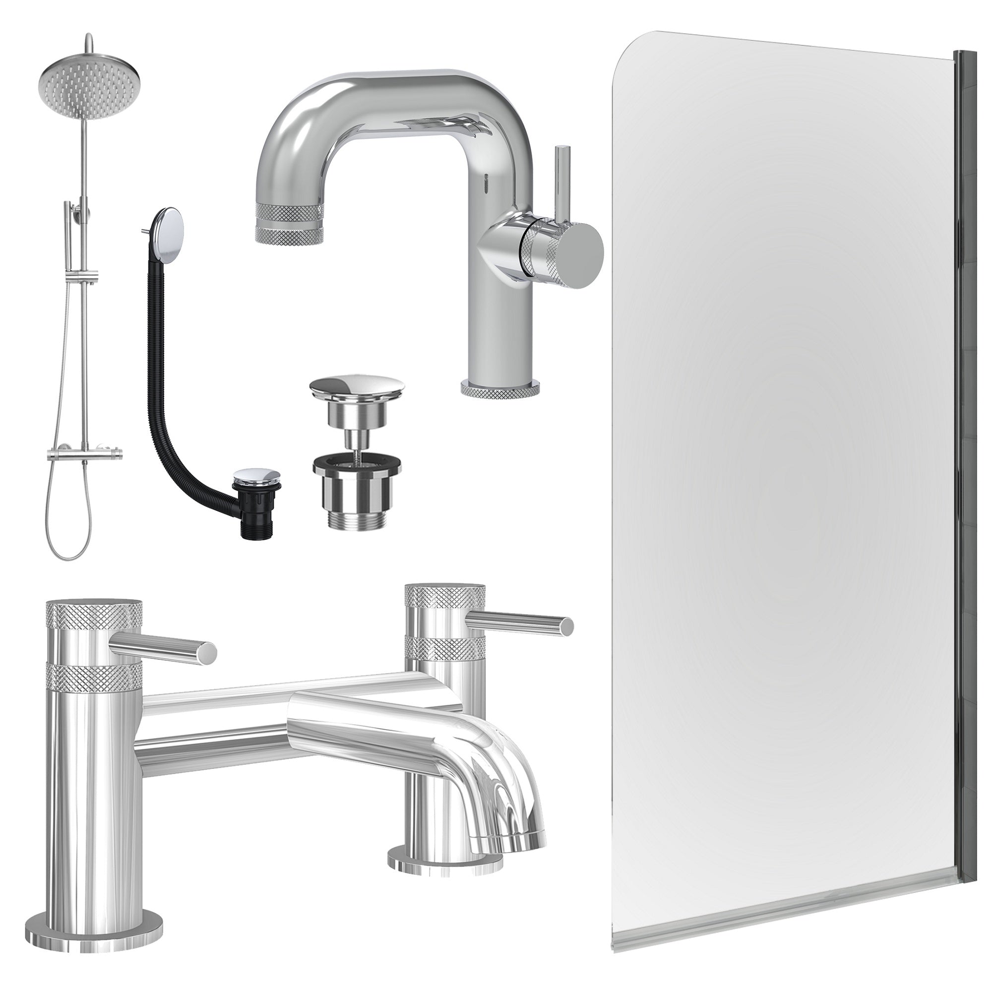 Chrome Side Lever Basin Mixer Tap, Bath Filler and Rigid Shower with Universal Basin and Bath Waste and Edge Bath Screen