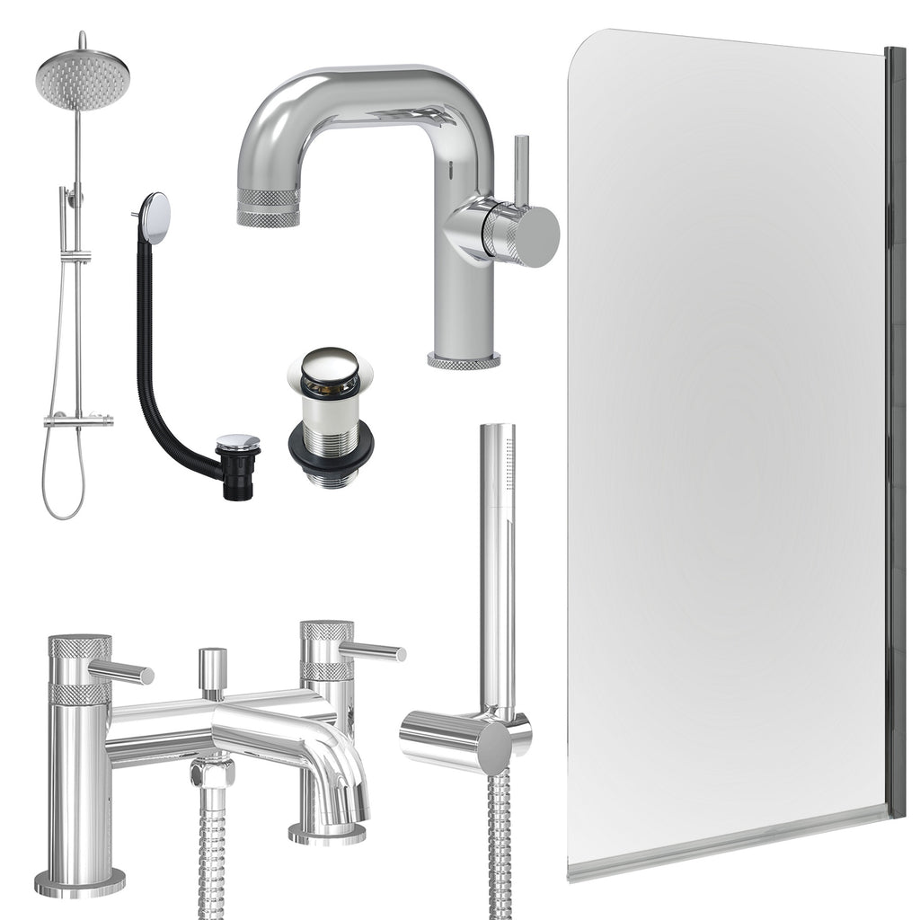 Chrome Side Lever Basin Mixer Tap, Bath Shower Mixer and Rigid Shower with Unslotted Basin and Bath Waste and Edge Bath Screen