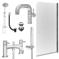 Chrome Side Lever Basin Mixer Tap, Bath Shower Mixer and Rigid Shower with Unslotted Basin and Bath Waste and Edge Bath Screen