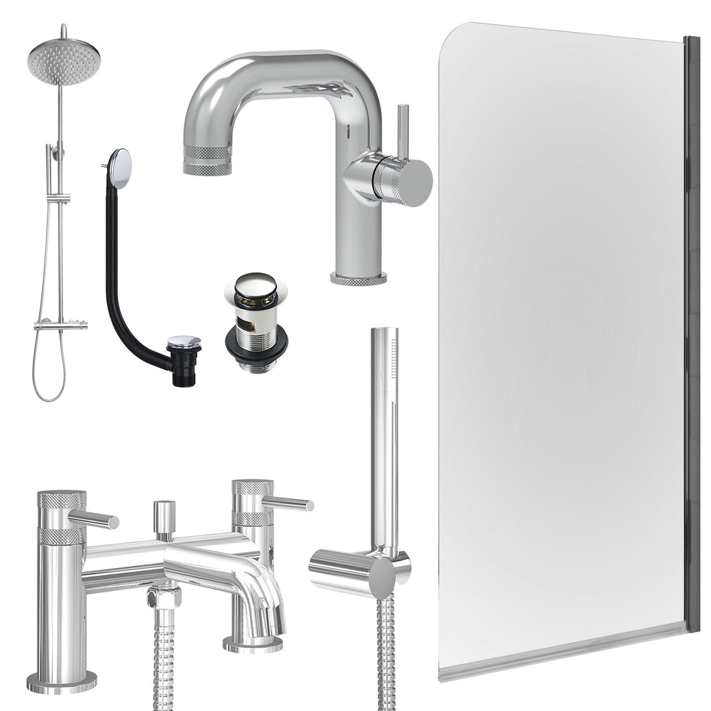 Chrome Side Lever Basin Mixer Tap, Bath Shower Mixer and Rigid Shower with Slotted Basin and Bath Waste and Edge Bath Screen