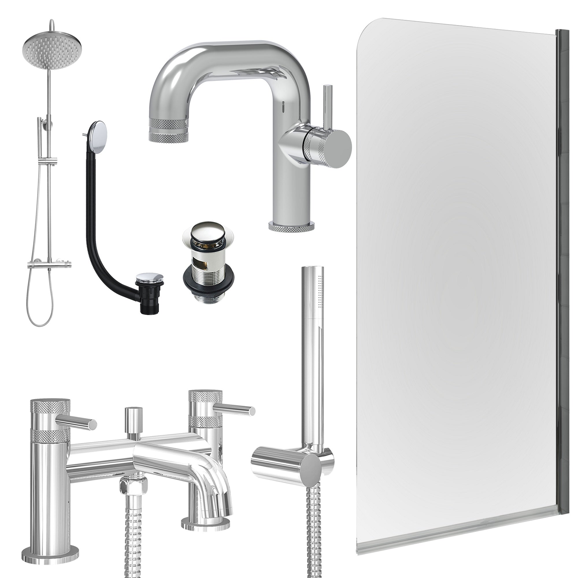 Chrome Side Lever Basin Mixer Tap, Bath Shower Mixer and Rigid Shower with Slotted Basin and Bath Waste and Edge Bath Screen