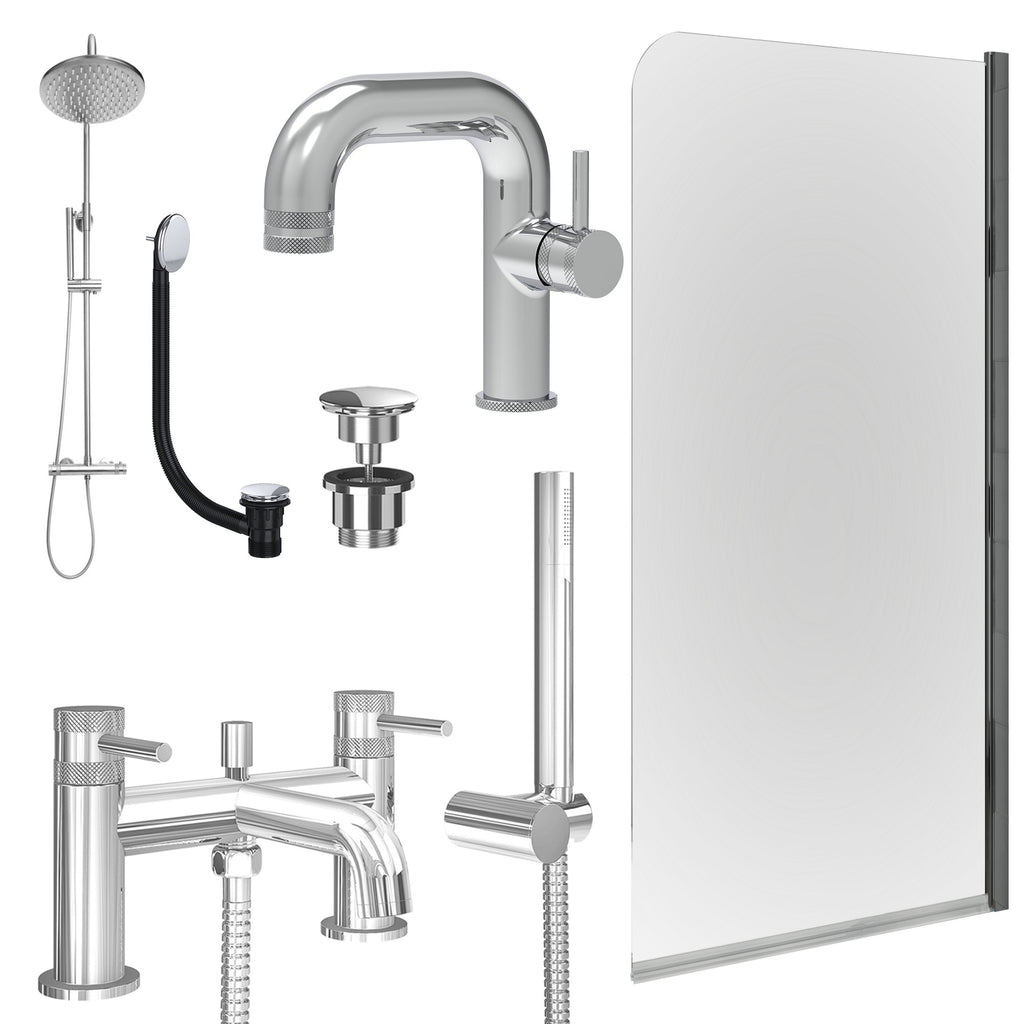 Chrome Side Lever Basin Mixer Tap, Bath Shower Mixer and Rigid Shower with Universal Basin and Bath Waste and Edge Bath Screen