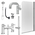 Chrome Side Lever Basin Mixer Tap, Bath Shower Mixer and Rigid Shower with Universal Basin and Bath Waste and Edge Bath Screen