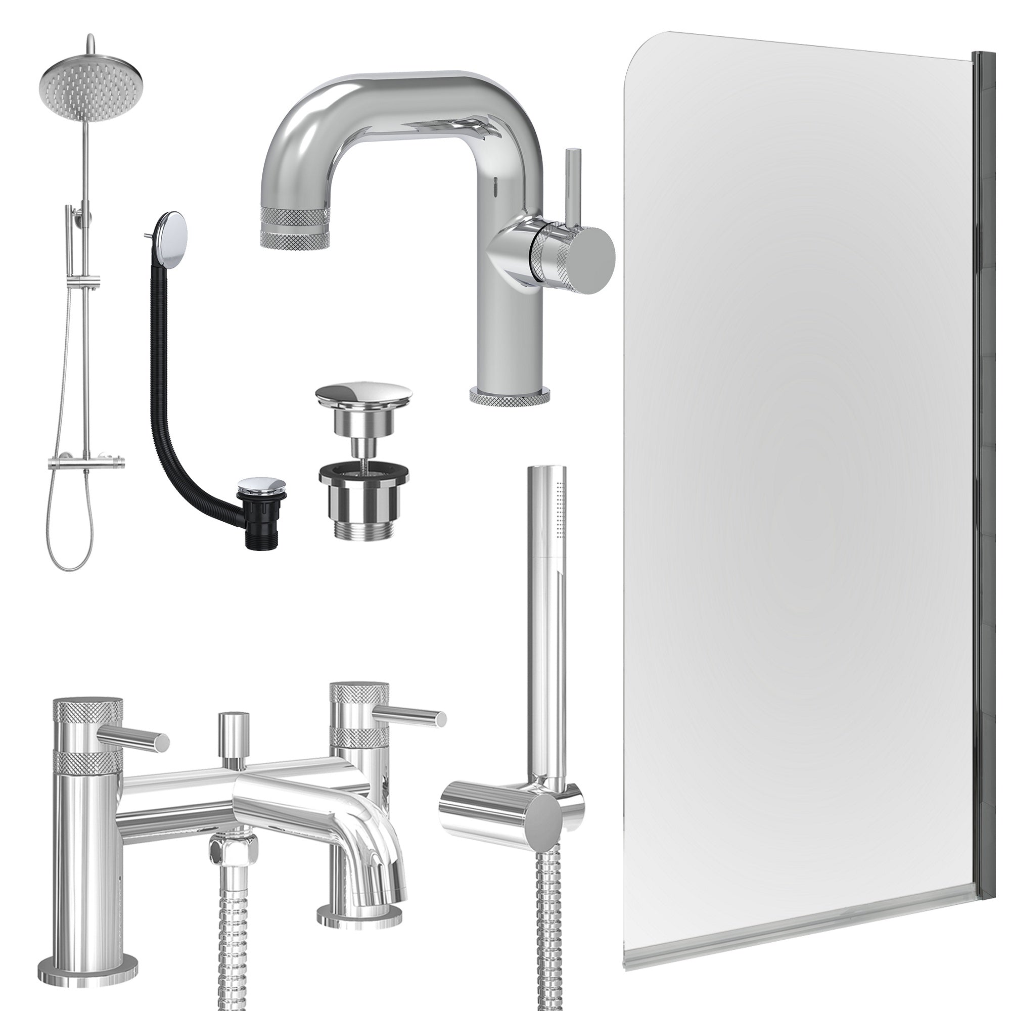 Chrome Side Lever Basin Mixer Tap, Bath Shower Mixer and Rigid Shower with Universal Basin and Bath Waste and Edge Bath Screen