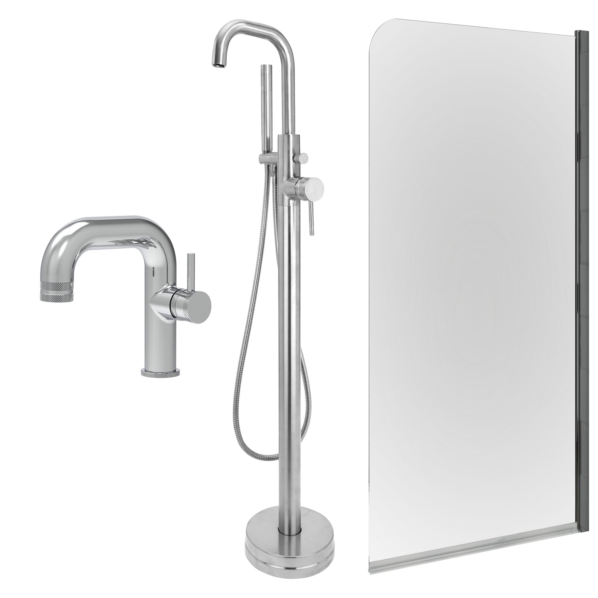 Chrome Side Lever Basin Mixer Tap, Freestanding Bath Shower Mixer and Edge Bath Screen