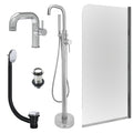 Chrome Side Lever Basin Mixer Tap, Freestanding Bath Shower Mixer and Unslotted Basin and Bath Waste and Edge Bath Screen